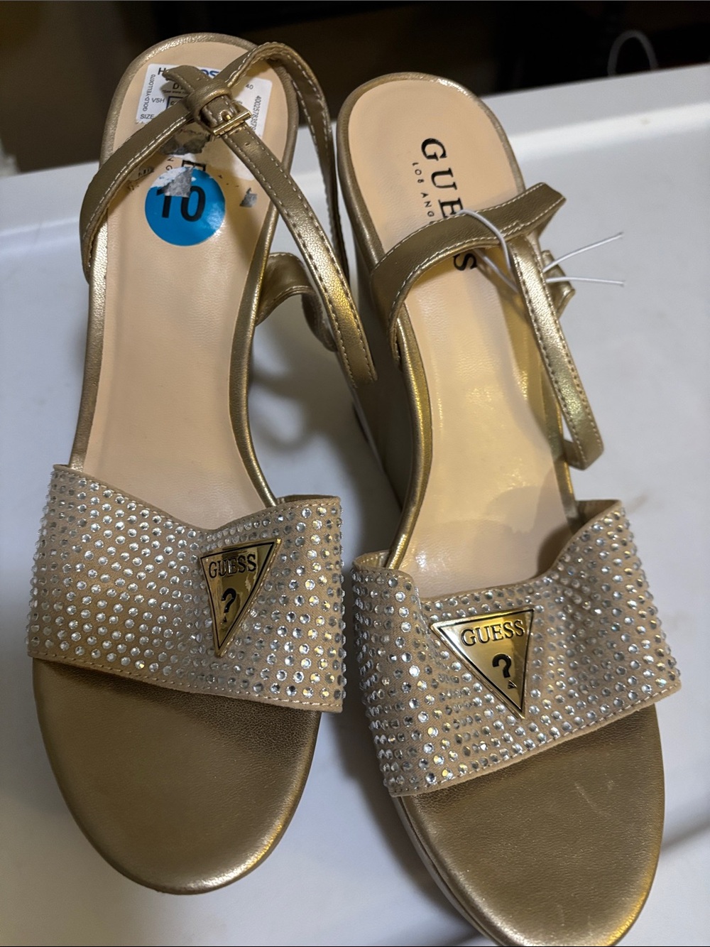 GUESS Gold Crystal-Embellished Wedge Sandals